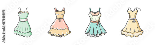 Collection of four hand-drawn summer dresses in pastel colors