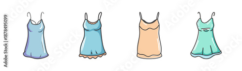 Set of four hand-drawn slip dresses in pastel blue, peach, and mint green.