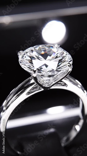 Close-up of a diamond ring on display with spotlight in a jewelry store