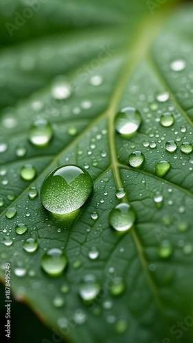 Close-up of raindrops on a green leaf with veins, natural background blurred