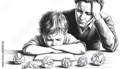 Father looking stressed while observing a young child resting head down on a desk surrounded by crumpled paper illustrating academic difficulty or creative block.