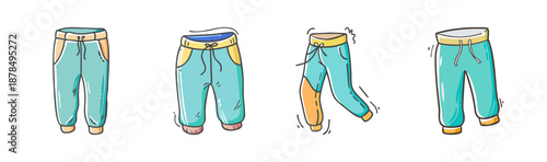 Four cartoon joggers with elastic waistbands and colorful accents