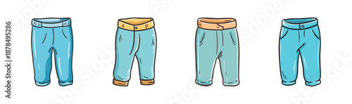 Four pairs of capri pants in various shades of blue, casual summer fashion