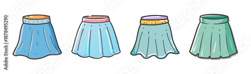 Four hand-drawn skirts in light blue and green, fashion apparel collection.