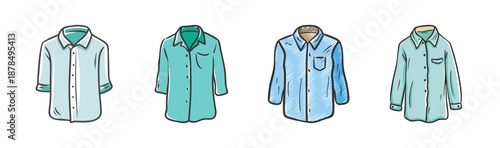 Four hand-drawn button-down shirts in various shades of blue and green