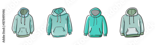 Set of four hand-drawn hoodies in various shades of blue and teal