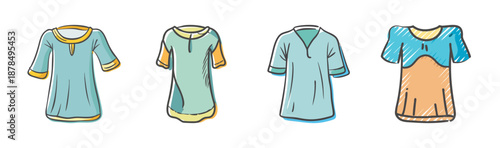 Four casual cartoon tunics in various colors and styles