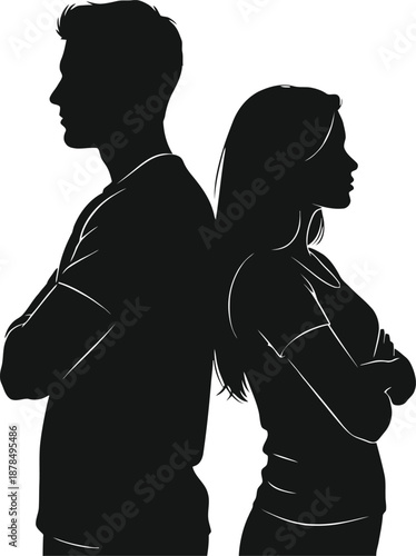 Black silhouette of a man and woman standing back to back with arms crossed.