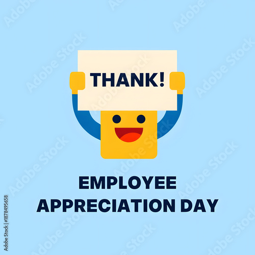 A cheerful cartoon character holds a sign saying 'thank!' to celebrate employee appreciation day