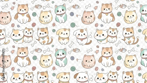 Cute Kawaii Cats Seamless Pattern Background. Funny Cartoon Kittens Playing with Yarn Balls and Fish Bones. Pastel Vector Texture for Nursery Wallpaper, Baby Clothing and Wrapping Paper.