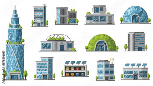 Modern architectural building set featuring high-rise glass skyscrapers, eco-friendly domes, and commercial structures with solar panels.