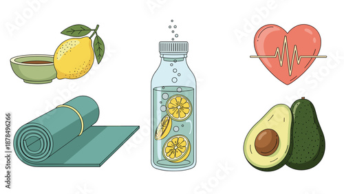 Healthy lifestyle and wellness elements featuring a yoga mat, infused water, fresh avocados, and heart health symbols.