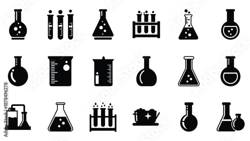 Chemistry laboratory glassware silhouette icons set featuring various flasks, test tubes, beakers, and scientific equipment.