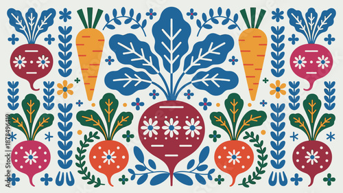 Symmetrical folk art vegetable pattern featuring stylized beetroots, carrots, and decorative floral elements in vintage colors.
