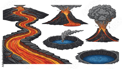Volcanic activity and landscape illustrations featuring hot lava flows, ash eruptions, craters, and active mountain peaks.