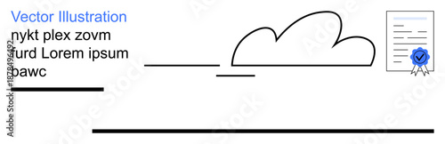 Cloud computing, data storage, certification, online security, document management, digital processes. Minimalist line art a cloud and a certified document. Cloud computing and data storage