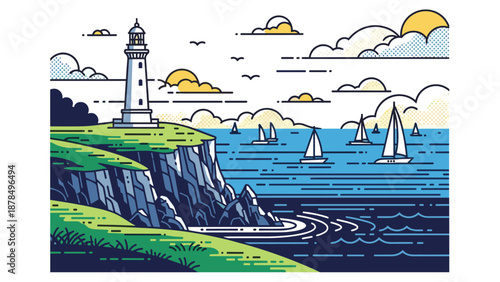 Scenic coastal landscape illustration featuring a white lighthouse on a cliff overlooking a sea filled with white sailboats.