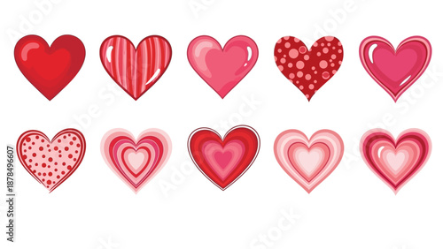 Collection of assorted red and pink hearts with varied patterns and designs displayed on a clean background from a straightforward viewpoint