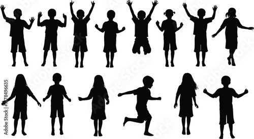 Silhouettes of children in active poses, black playful figures jumping and running, white background layout, youthful movement design