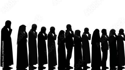 Diverse group of silhouetted people standing together in a line, communicating and interacting with each other in a professional setting