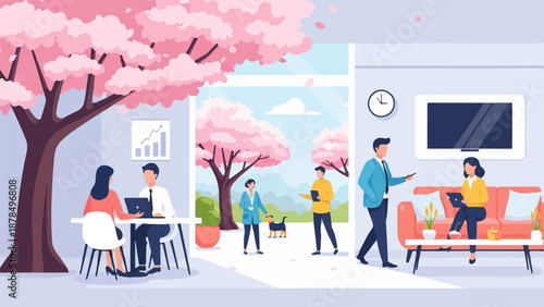 People working and relaxing near blooming trees