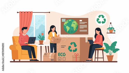 People working from home with boxes symbolizing eco-friendly living and global awareness