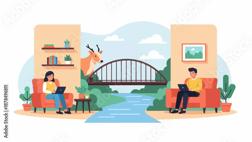 People work remotely from home, with a deer and bridge in the background