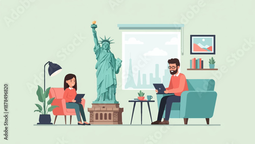 People working in a stylized living room with a miniature Statue of Liberty