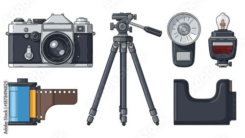 Classic analog photography gear including a vintage film camera, adjustable tripod, external flash, film roll, and leather case.