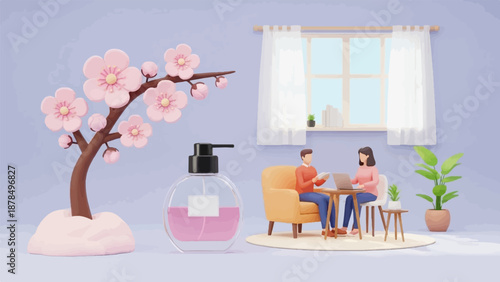People working at home near a cherry blossom tree and a bottle of liquid