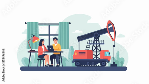 People working in an office beside an oil extraction pumpjack