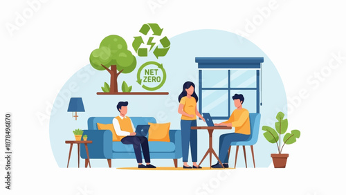 People working in an office setting, promoting environmental sustainability and net zero goals