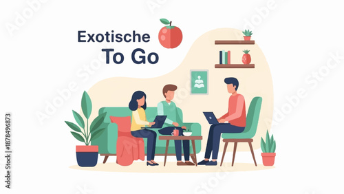 People working and relaxing in a modern living space with plants