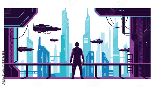 Futuristic cyberpunk city skyline with a lone person standing on a high balcony watching flying vehicles navigate neon towers.