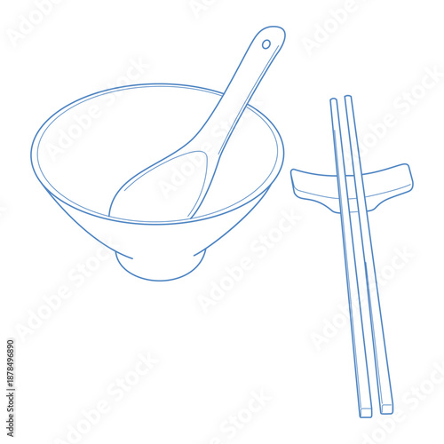 bowl with spoon and chopsticks, symbolizing Asian cuisine and dining.