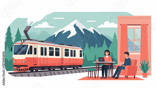 People working indoors with a scenic mountain train view