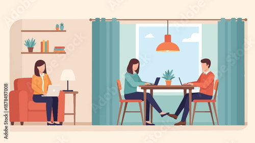 People working on laptops in a cozy room with plants and books