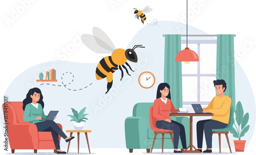 People working on laptops in a cozy room with bees flying around a lamp and clock