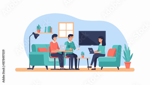 People working on laptops in a modern living room setting