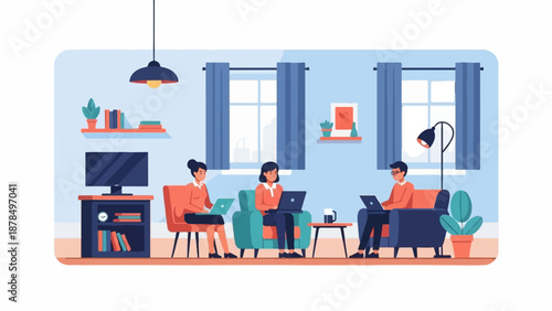 People working on laptops in a modern living room, with a TV and bookshelves