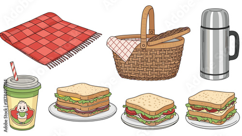 Outdoor picnic essentials set with a red checkered blanket, woven basket, insulated thermos, variety of sandwiches, and a drink.