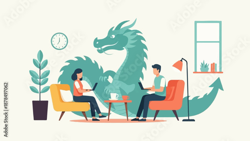 People working on laptops in a room with a large dragon illustration behind them