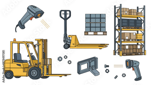 Industrial warehouse logistics equipment set featuring a yellow forklift, pallet jack, storage racks with boxes, and scanners.