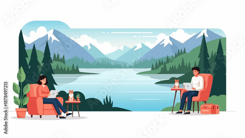 People working remotely with pets in a serene mountain lake landscape