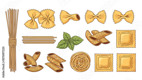 Various dry pasta types collection including spaghetti bundles, farfalle bows, penne tubes, ravioli squares, and fresh basil leaves.