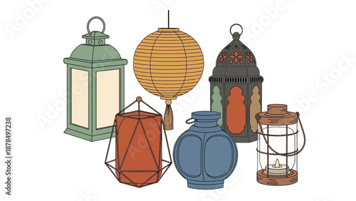 Assorted lanterns and vases arranged together in a decorative display