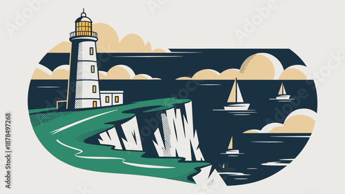 Coastal landscape with a tall white lighthouse standing on a grassy cliff edge overlooking a blue sea with distant sailboats.