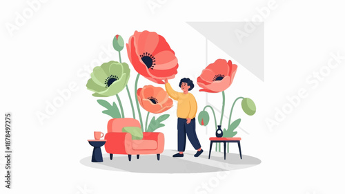 Person admiring large poppies in a room with furniture