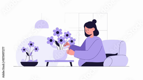 Person arranges purple flowers in a pot next to a sofa and lamp