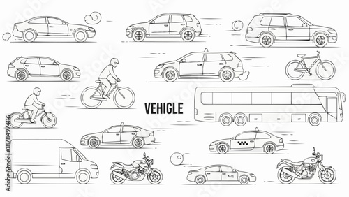 Collection of Hand Drawn Vehicles and Transportation Methods.